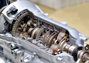 An image of the compex set of gears inside a vehicle component.