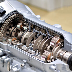 An image of the compex set of gears inside a vehicle component.