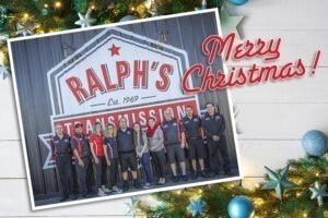 A "Merry Christmas" card with an image of the Ralph's Transmission team.