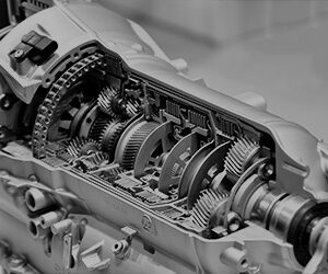 The interior workings of a car.