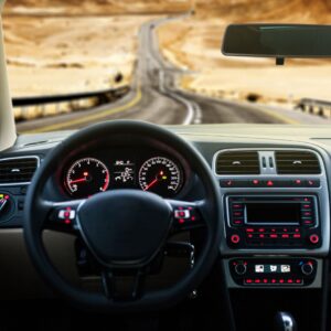 interior of a car with the long road ahead
