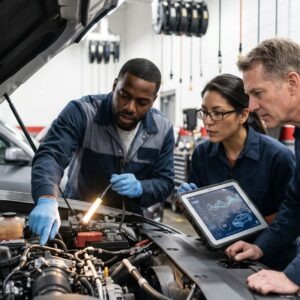 car mechanics looking at car