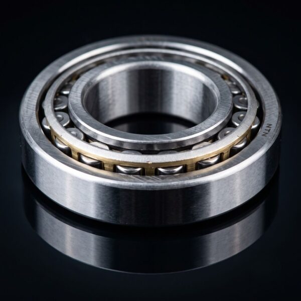 A detailed close-up of a gleaming new steel input shaft bearing on a dark surface.
