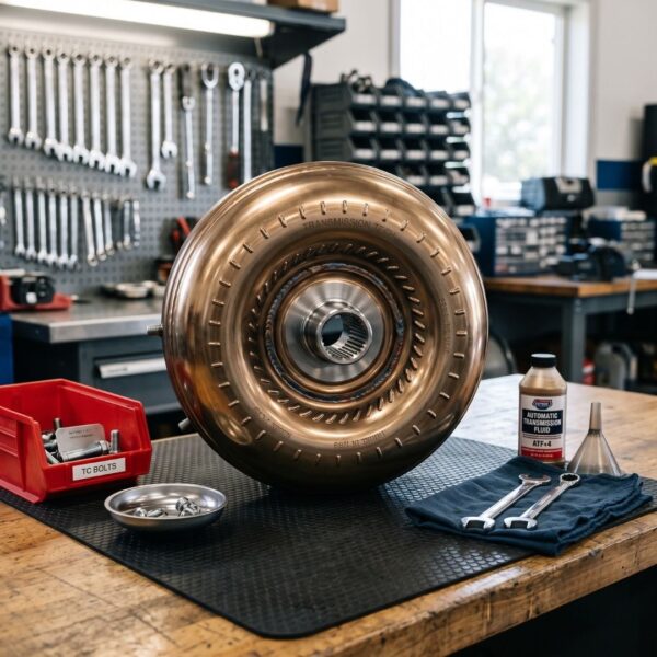 A polished, clean automatic torque converter component sitting on a clean mechanical workbench.