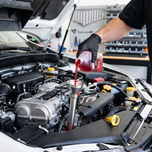 A close-up of fresh red transmission fluid being poured into an engine's dipstick tube.