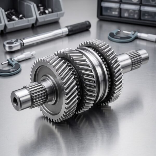 A pristine, newly serviced transmission gear assembly with polished metal gears on a metal table.